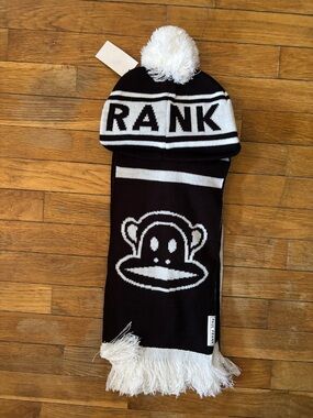 BNWT by Paul Frank Black and White Pom Pom Knit Scarf and Hat Set